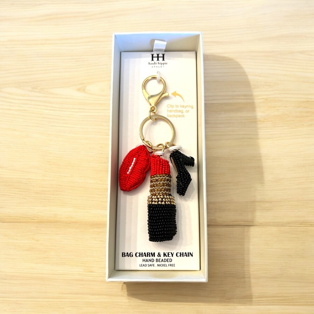 Haute Hippie 💋💄Hand Beaded Lipstick Bag Charm & Key Chain